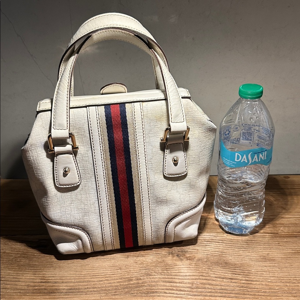 Gucci White Leather Top-Handle Tote with Red and Navy Web Stripe - Picture 3 of 7